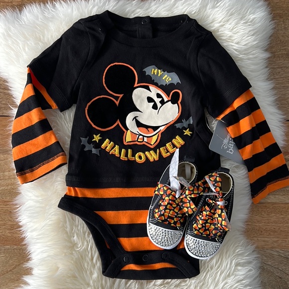 Baby’s 1st Halloween Mickey Mouse Onsie and Costume Shoe Set - Picture 1 of 3